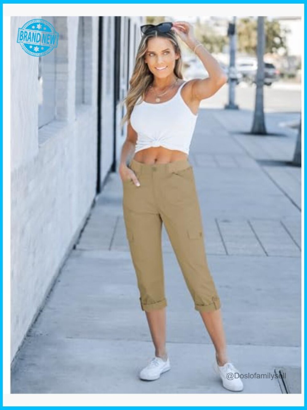 High Waisted Cargo Capri Pants Relaxed Fit Elastic Waist Casual Cropped Trousers - Picture 5 of 7